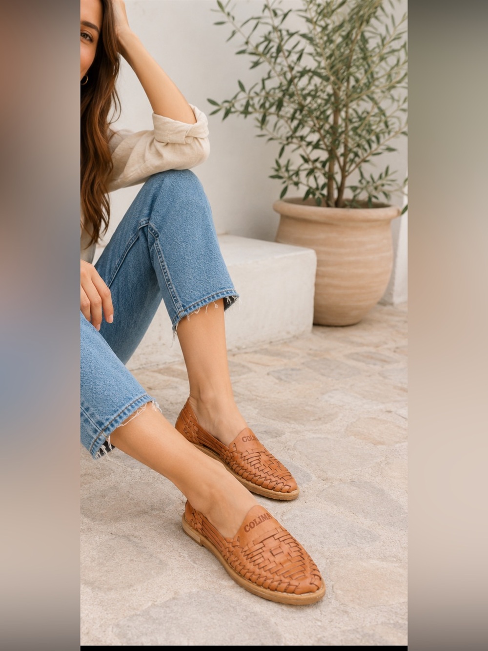 COLIMA Women’s 5-5.5 Tan Leather Woven Huarache Loafers Handmade Slip On Shoes